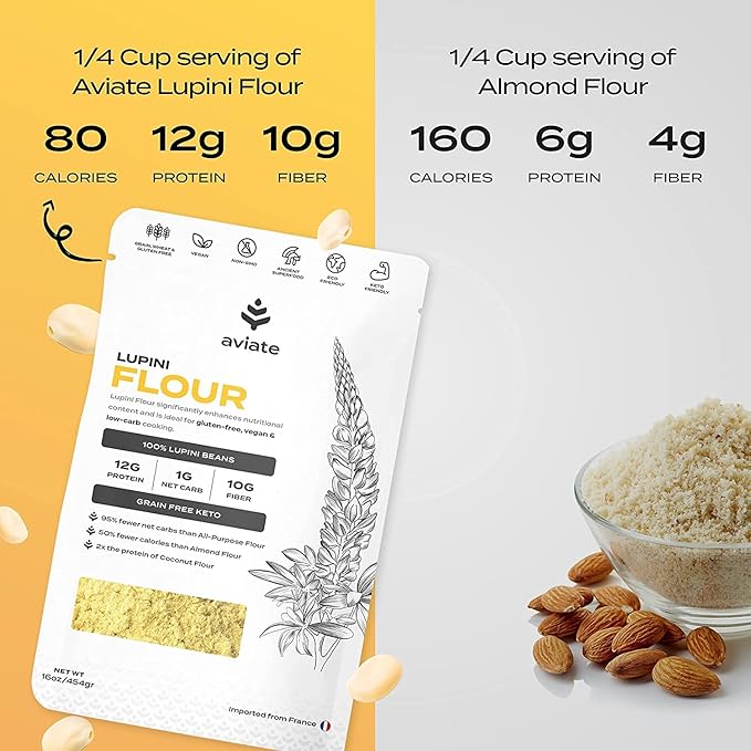 Aviate Lupini FLOUR - Keto & Vegan Friendly Superfood - Non-GMO, Gluten Free, Lupin Flour Keto, High Protein, Low Calorie & Low Carb - Rich in Dietary Fiber and Minerals - 100% Lupin Beans -16 Ounces (Pack of 3)
