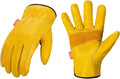 Vgo... 1-Pair Unlined Cow Grain Leather Work and Driver Gloves with Cow Split Leather Palm Patch (Size M, Gold,CA9590)