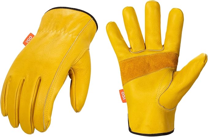 Vgo... 1-Pair Unlined Cow Grain Leather Work and Driver Gloves with Cow Split Leather Palm Patch (Size M, Gold,CA9590)