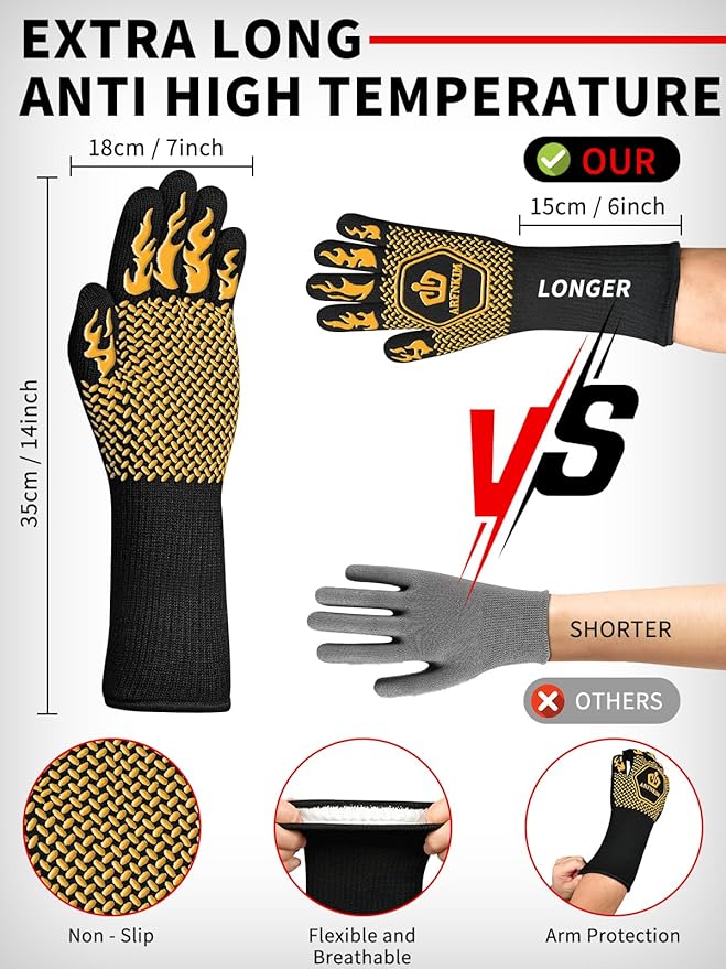 BBQ Oven Gloves, 1472℉ 3-Layers Heat Resistant Oven Mitts Silicone Non-Slip Cooking Gloves for Barbecue, Grilling, Baking, Welding, Smoker (A Pair) (Yellow)