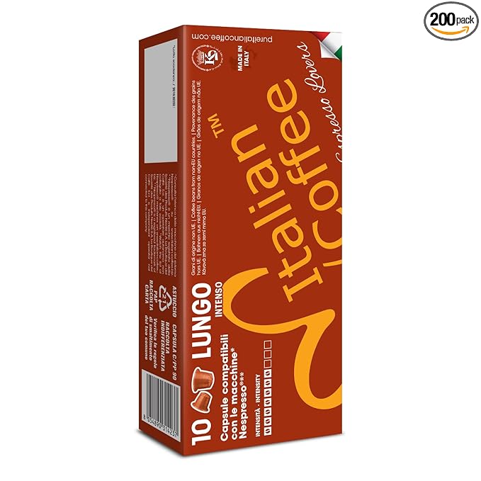 Italian Coffee for Espresso Lovers capsules compatible with Nespresso Original Line machines (Lungo Regular, 200 Count (Pack of 1))