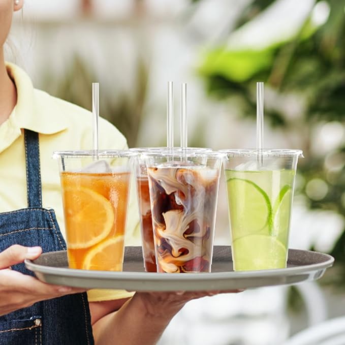 100 Pack - 20 oz Clear Plastic Cups with Lids and Straws, Sturdy & Food Safe Iced Coffee Cups with lids, Disposable Plastic Smoothie Cups for Cold Drinks