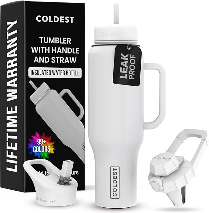 Coldest 40 oz Tumbler with Handle and Straw - 100% Leak Proof Insulated Tumbler with Lid and Straw (3 Lids) - Stainless Steel Tumblers for Women & Men - Cup Holder Friendly Base, 46 oz (Epic White)