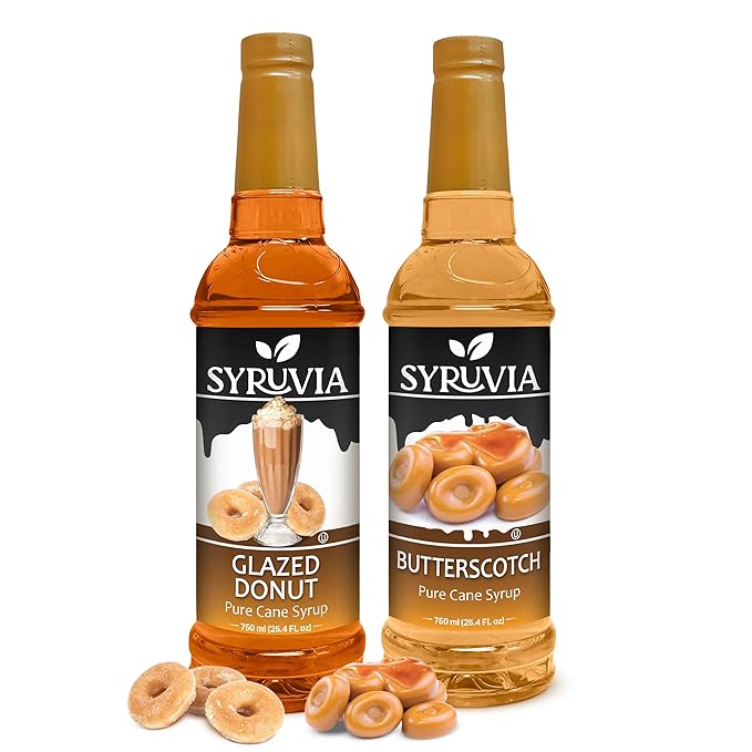 Syruvia Glazed Donut & Butterscotch Coffee Syrup - 25.4 fl oz Premium Coffee Flavoring Syrup. No Coloring, Kosher, and Gluten-Free. Perfect for Drinks, Sodas, Shakes, Desserts, & More.