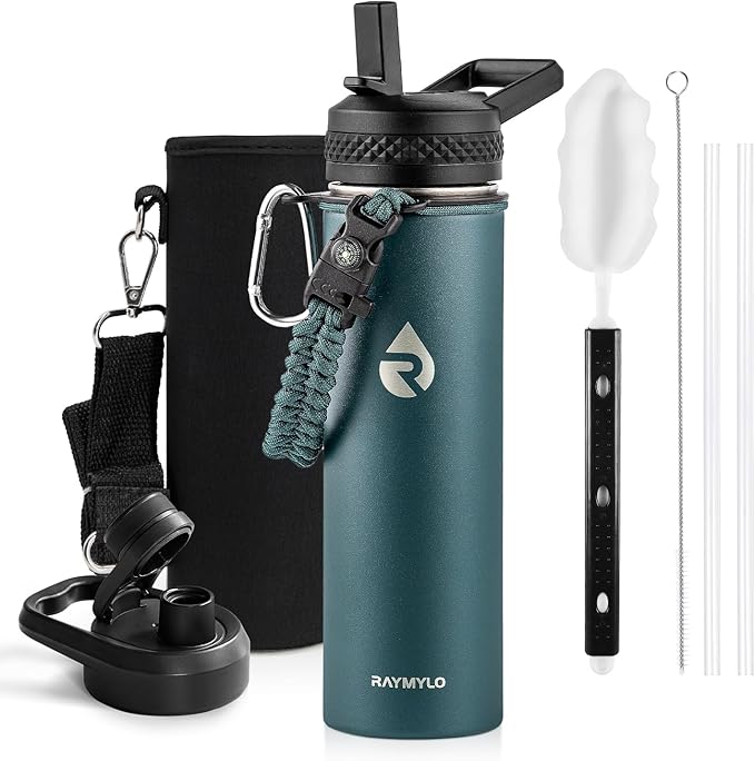 Insulated Water Bottle 20 oz, Triple Wall Vacuum Stainless Steel (Cold for 48 Hrs), Leak Proof & Non-BPA, Kids Water Bottle Jug for School with Straw Spout Lids, Dark Green