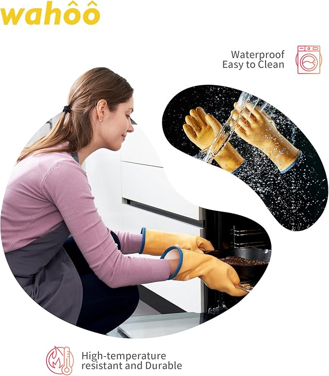 wahoo Professional Liquid Silicone Oven Mitts Gloves, Heat Resistant Gloves for Cooking, Baking, CoralAir Liner, 12 Inch, Yellow, X-Large
