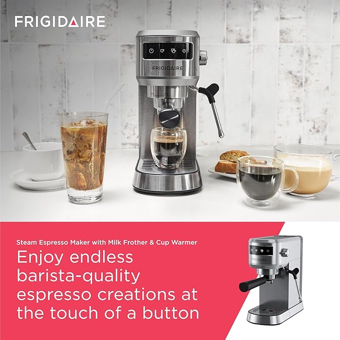 Frigidaire Steam Espresso Maker, Coffee Machine with Milk Frother & Cup Warmer, 20 Bar Pressure, 34 oz Removable Water Tank, Single or Double Shot, Stainless Steel