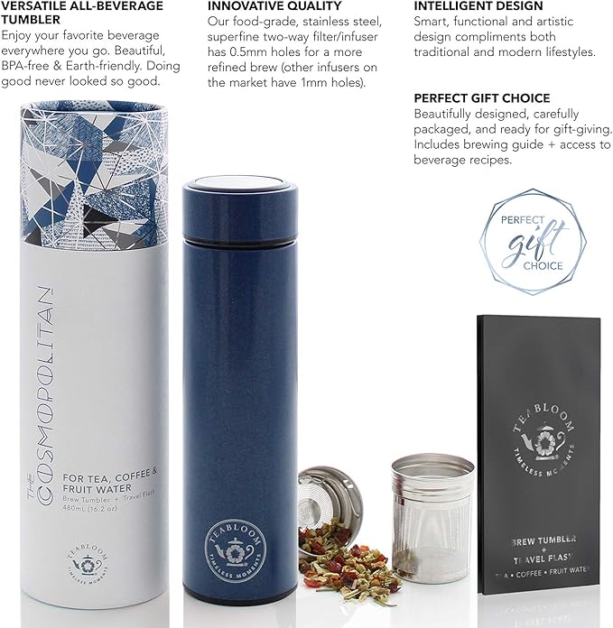Teabloom - The ORIGINAL All-Brew Travel Tumbler & Thermos | OPRAH’s Favorite | 16oz/480ml Insulated Water Bottle/Tea Flask/Cold Brew Coffee Mug