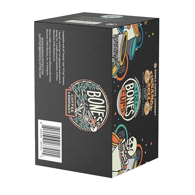 Bones Coffee Company Cinnamon Roll Flavored Coffee Pods, Low Acid Medium Roast Single-Serve Bones Cups, Compatible with 1.0 & 2.0 K-Cups Brewers Coffee Maker, 12 Count