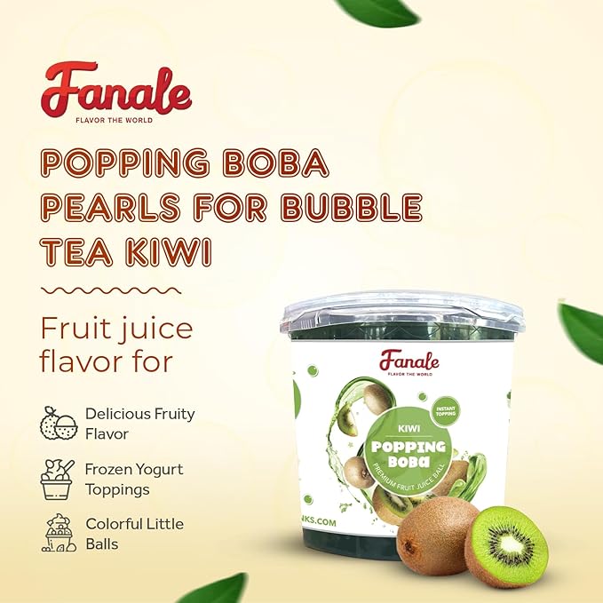 Fanale Kiwi Popping Boba Pearls, Vegan, Non GMO, Gluten Free, Fat Free, Perfect for Bubble Tea, Smoothies, Ice Cream, Desserts, and Beverages.