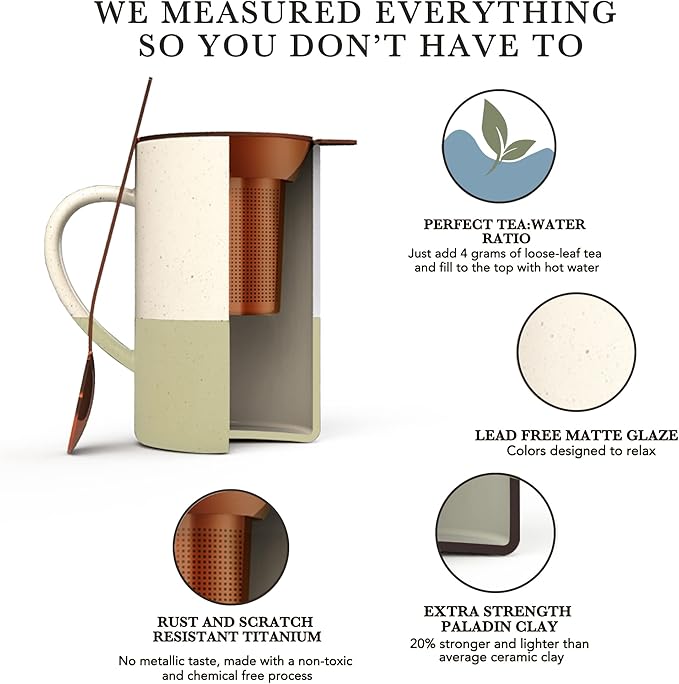 Mora Ceramics Tea Cup with Loose Leaf Infuser, Spoon and Lid, 12 oz, Microwave and Dishwasher Safe Coffee Mug - Rustic Matte Ceramic Glaze, Modern Herbal Tea Strainer - Great Gift for Women, Limestone