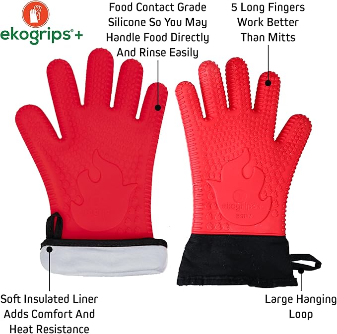 Ekogrips Plus Oven Gloves with Fingers, Comfy Waterproof Silicone Oven Mitts Heat Resistant with Long Cuff, Insulated BBQ Gloves Perfect for Grilling, Baking, Smoker, Canning, and Pizza, Red, OSFM