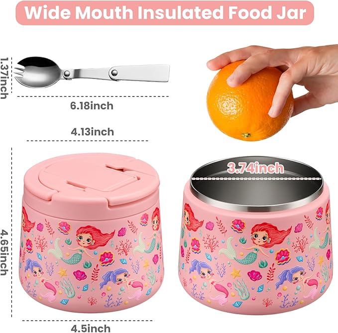 14oz Insulated Vacuum Food Jar with Buckle Lid,Soup Thermo for Hot Food Kids,Wide Mouth Leakproof Stainless Steel Lunch Container with Spoon-Mermaid