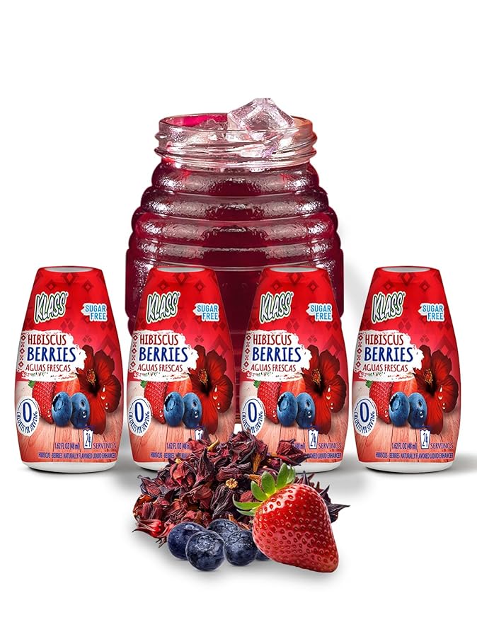 Klass Aguas Frescas | Liquid Water Enhancer | Sugar Free Naturally Flavored Hubiscus Berries, Keto Friendly |1.62 Oz Pack of 4 (Makes 24 servings each) 0 Calories Per Serving