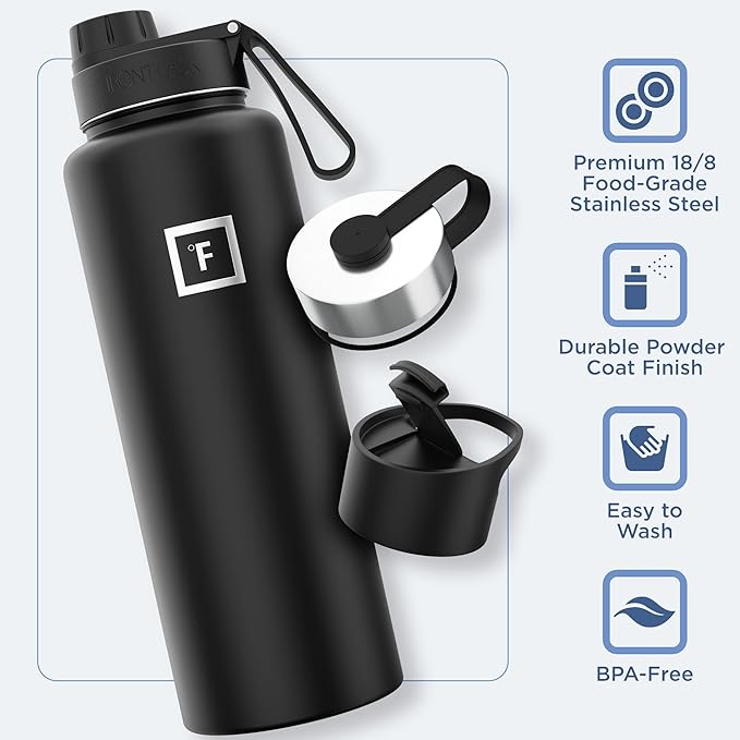 IRON °FLASK Camping & Hiking Hydration Flask with 3 Lids - Stainless Steel, Double Walled & Vacuum Insulated Water Bottle - Leak Proof & BPA Free (Morning Mist, Spout - 40 oz)