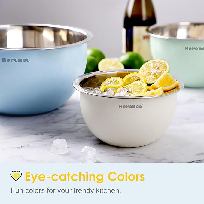 Rorence Stainless Steel Mixing Bowls: Color Painting Metal Mixing Bowl Set with Lids Nesting Bowls for Kitchen Set of 3