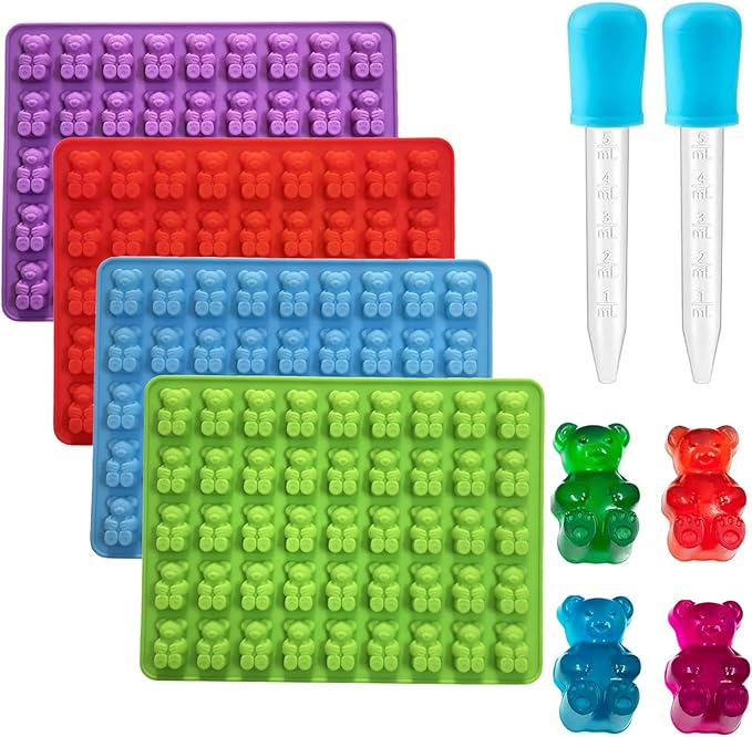 Gummy Candy Molds - 4Pcs Silicone Gummy Bear Molds for Kids With 2pcs Dropper,Non-stick and Bpa Free for Mini Candy Chocolate Gummies Baking