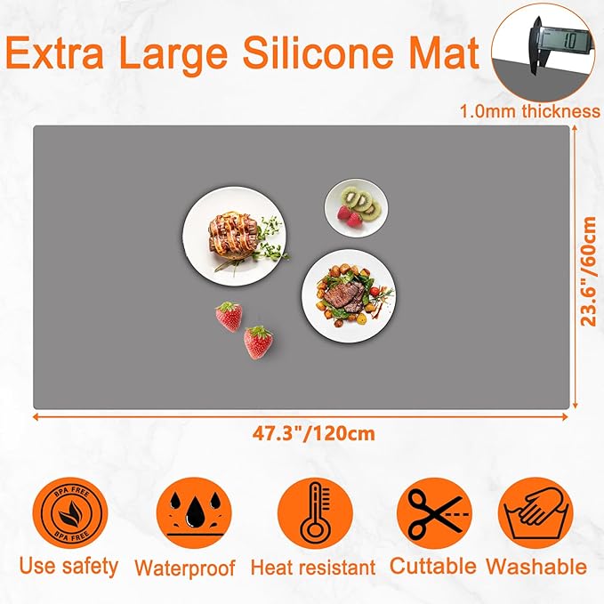 47.3''x23.6''(120cmx60cm) Extra Large Silicone Mat for Kitchen Counter, Heat Resistant Countertop Protector, Non-Slip Waterproof Kitchen Island Mat, Easy to Clean, Black