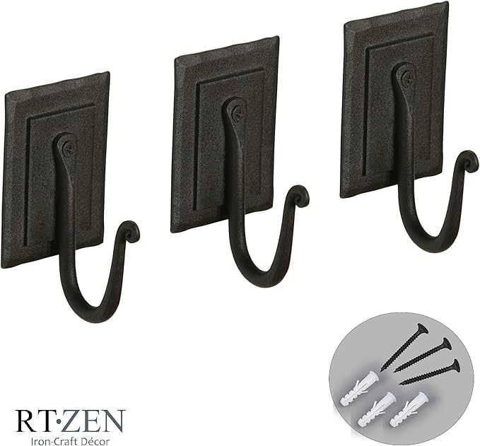 RTZEN Wall Mount Hook Set - Wrought Iron Decorative Rustic Metal Coat Hooks for Hanging - Handcrafted Classic Farmhouse Wall Mounted Black Hooks for Towel Robe or Hat Hanging - 3 Pack