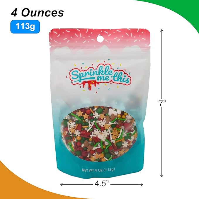 Christmastime Treasures - 4 Oz Resealable Bag - Christmas Themed Sprinkle Mix - Features Snowflake Quins, Santa Boot Quins, Red, Silver, and Green Pearls and More - Ice Cream and Cake Sprinkles
