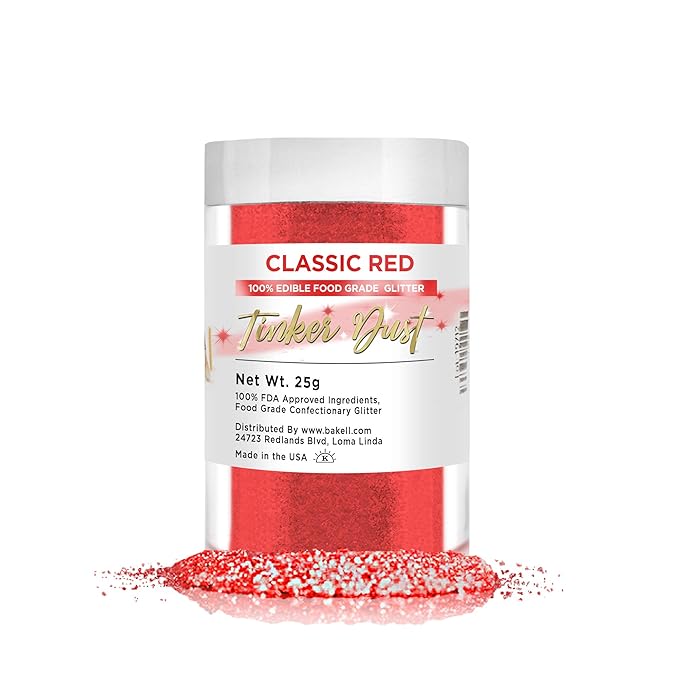 BAKELL Classic Red Edible Glitter, 25 Grams | TINKER DUST Edible Glitter | KOSHER Certified | 100% Edible Glitter | Cakes, Cupcakes, Cake Pops, Drinks, Dessert Vegan Glitter & Dusts (25g, Classic Red)