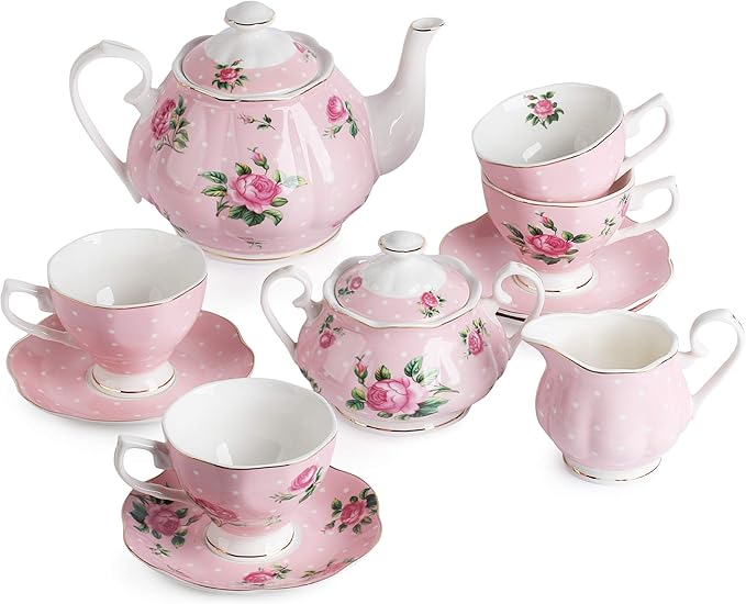 BTaT- Floral Tea Sets for Adults, 13 pcs, Service for 4, Pot (38 oz) & Cups (8 oz) with Saucers, Pastel Pink Floral Design with Gift Box, Porcelain Tea Set for Adult, Dishwasher Safe