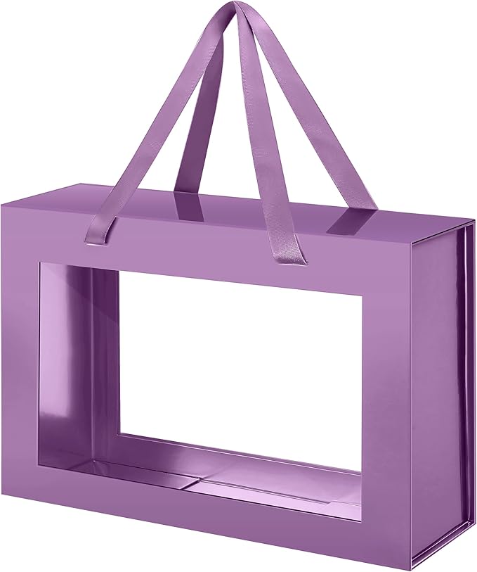 Large Purple Clear Gift Box, 13.5x9x4.1 Inches Gift Box with Window by Handle, Bridesmaid Proposal Box, Collapsible Gift Box with Magnetic Closure (Glossy Purple, 1 Pack)