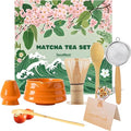 7-Piece Matcha Tea Set with Gift Card – 120-Prong Bamboo Whisk, Ceramic Bowl with Spout, Whisk Holder, Scoop, Spoon, Strainer & Scoop Holder – Ideal Gift for Matcha Lovers (Orange)