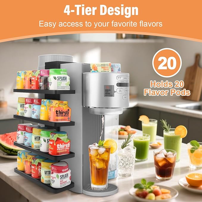 Flavor Pods Holder Compatible With Ninja Thirsti,Side-Mounted 4-tier Flavor Storage Holder Holds 20 Flavore Water Drops,Wooden Organizer for Ninja Thirsti WC1001/WC2002 Soda Maker Drink System