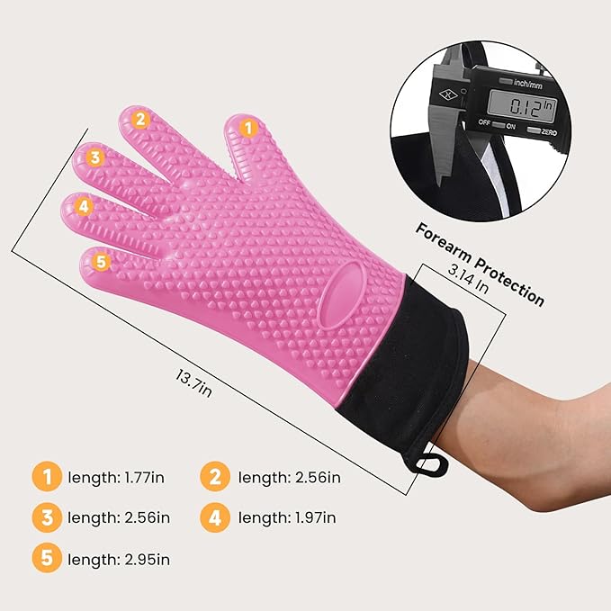 GEEKHOM BBQ Gloves Heat Resistant Oven Mitts - Silicone Grilling Gloves with 13.7" Arm Protection - Waterproof Pot Holder Non-Slip for Men & Women, Kitchen Outdoor Cooking, Baking, Camping, Pink