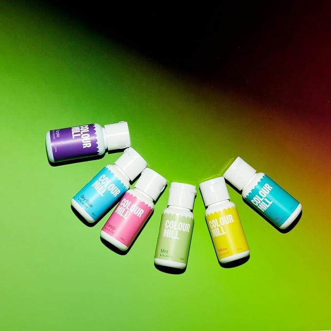 Colour Mill Pool-Party Pack Oil-Based Food Coloring, 20 Milliliters Each of 6 Colors: Candy, Mint, Purple, Sky Blue, Teal and Yellow 4.08 Fl Oz 120 milliliters