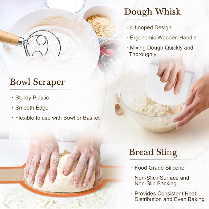 TeamFar Sourdough Bread Baking Supplies, 9” Round and 10” Oval Sourdough Starter Kit, Proofing Basket Set with Cloth Liner, Bread Lame, Whisk Dough, Bowl Scraper, Brush