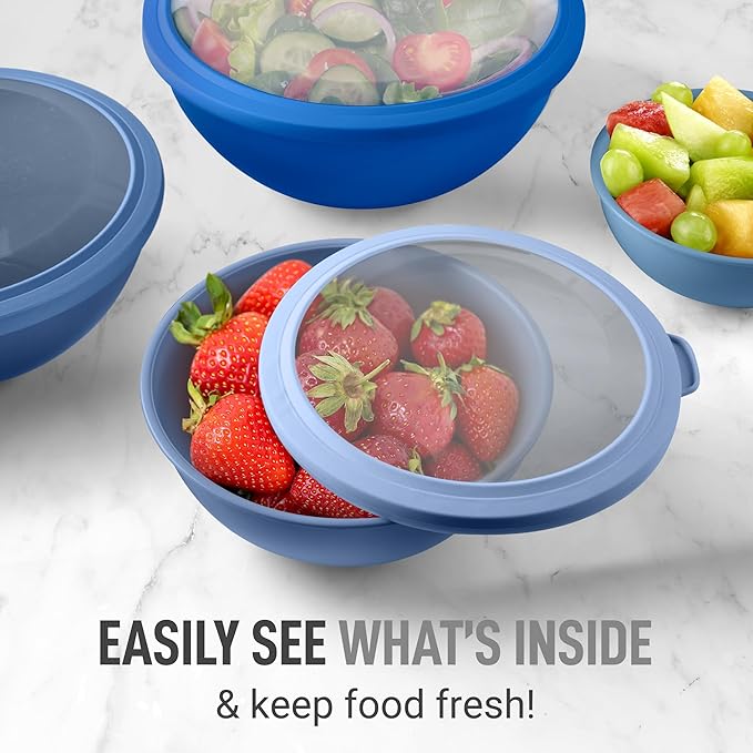 Zulay Kitchen 12 Piece Plastic Mixing Bowls with Leak-Proof Lids Set - Microwave and Freezer Safe Kitchen Mixing Bowls for Preparing, Serving and Storing - Large Nesting Bowls (Blue Ombre)