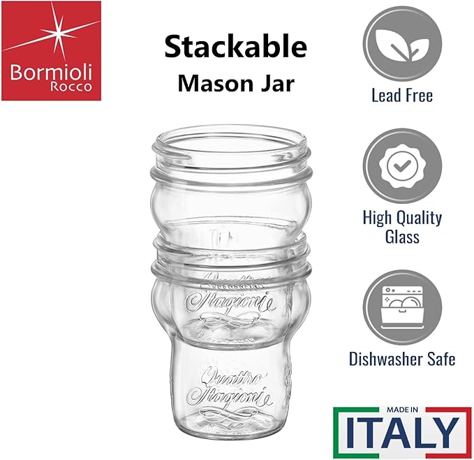 Bormioli Rocco Quattro Stagioni Glass Jars (Set of 6) - 9.25 Oz Stackable Storage Jars with Wide Mouth & Aluminum Lids - Glass Containers for Preserving, Serving, Organizing - Made in Italy