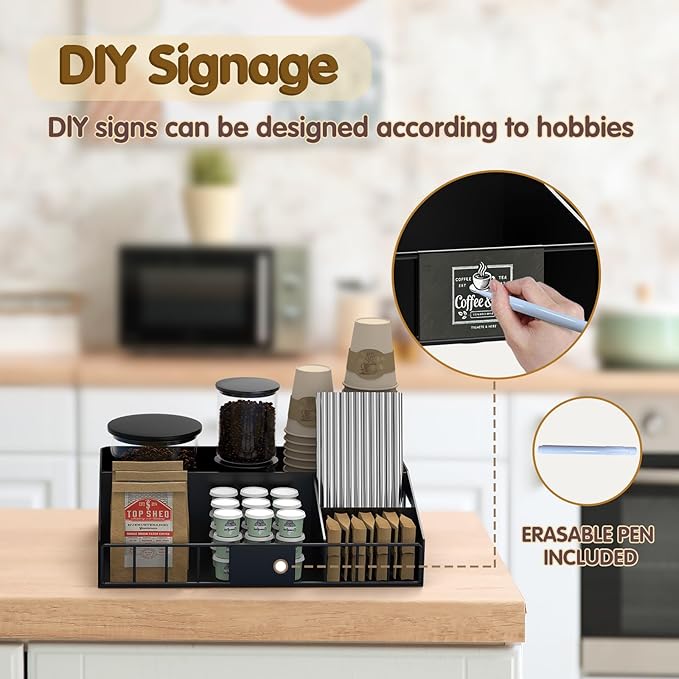 Metal Coffee Station Organizer for Countertop - Coffee Bar Organizer with Designable DIY Logo, K Cup Pods Holder & Tea Condiment Storage - Rustic Breakroom Kitchen Decor in Balck