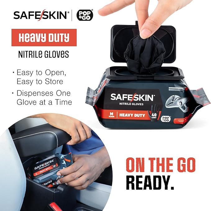 SAFESKIN Heavy Duty Nitrile Disposable Latex Free Gloves (40/160/1600 packs), Black Gloves for Food Prep, Cleaning, Mechanic