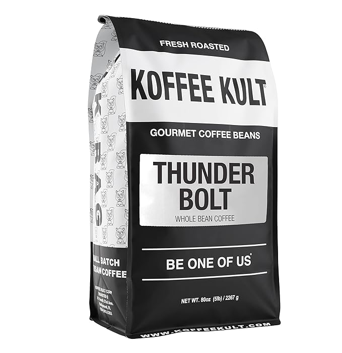 Koffee Kult Thunder Bolt Dark French Roast Whole Bean Coffee - Small Batch 100% Arabica Gourmet Blend, Bold and Well Balanced, 80oz Resealable Package