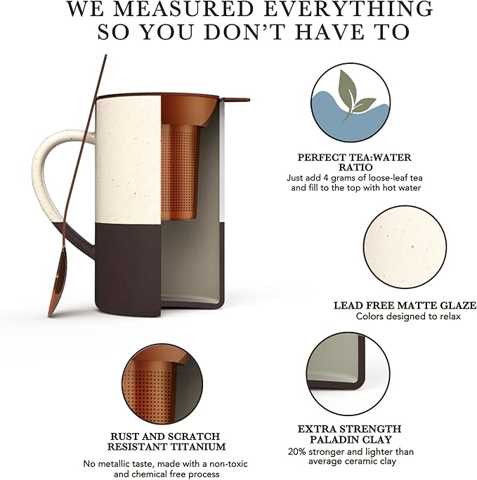 Mora Ceramics Tea Cup with Loose Leaf Infuser, Spoon and Lid, 12 oz, Microwave and Dishwasher Safe Coffee Mug - Rustic Matte Ceramic Glaze, Modern Herbal Tea Strainer - Great Gift for Women, Garnet