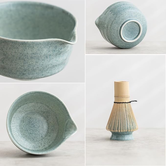 Matcha Set, Matcha Whisk Set Includes Matcha Bowl, Matcha Whisk Holder, Bamboo Matcha Whisk, Scoop and Matcha Sifter, 17 oz Mottled Blue Glaze Ceramic Matcha Kit for Tea Lovers