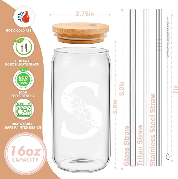 Personalized Gifts for Women, Monogrammed Glass Cups with Lids and Straws, Custom Tumbler, Cute Customized Mug, Aesthetic Stuff, Initial Iced Coffee Cup, Drinking Glasses, Birthday Teacher Gifts, E