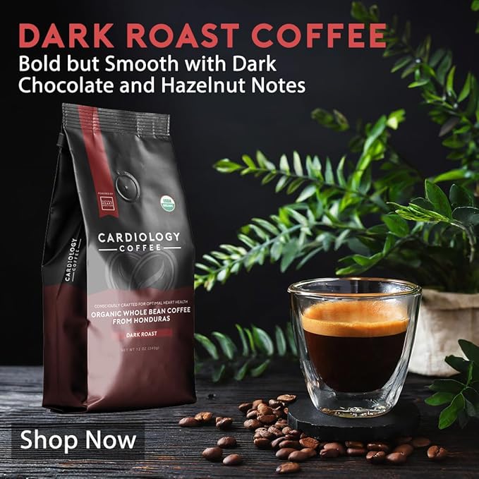 Cardiology Coffee – Whole Bean Coffee – USDA Certified Mold-Free 12oz Premium Dark Roast Coffee Beans - Organic Espresso Beans with Antioxidant Benefits – Perfect for Heart Healthy Lifestyle