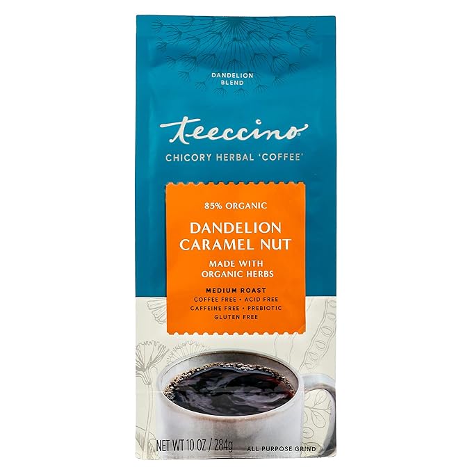 Teeccino Dandelion Caramel Nut Herbal Coffee - Caffeine-Free Coffee Alternative with Prebiotics, Gluten Free, Acid Free - Medium Roast, 10 oz