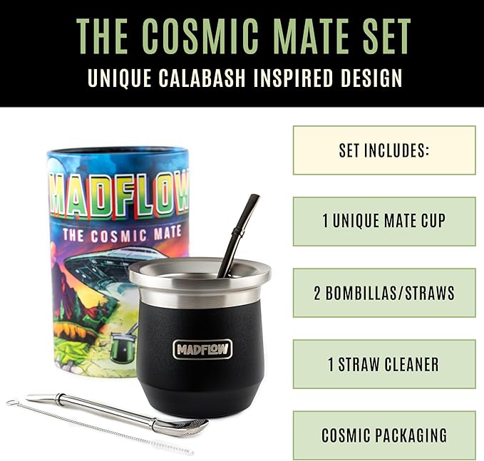 MADFLOW Yerba Mate Cup. Stainless Steel Mate Cup with 2 Bombillas. Double Wall Vacuum Insulated Yerba Mate Gourd. Unique Mate Cup And Bombilla Set