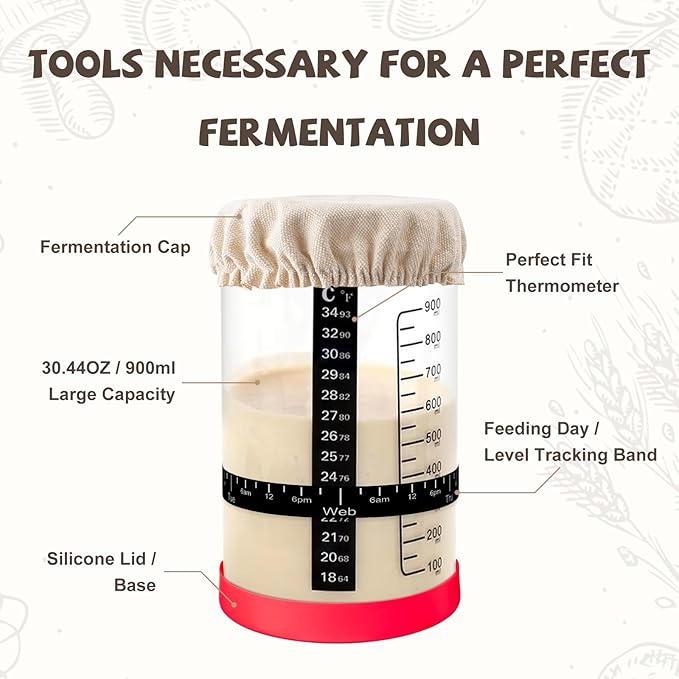Sourdough Starter Kit, 26PCS Sourdough Bread Baking Supplies, Including a Sourdough Starter Jar (34OZ), Silicone Banneton Bread Proofing Basket Set of 2 (Yellow wood, Oversized glass mouth)