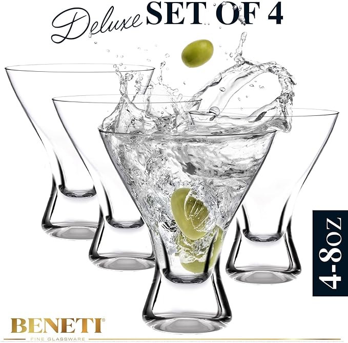 BENETI Martini Glasses Set of 4 | Made in Europe | 8oz Clear Stemless Cocktail Bar Drinking Glassware Set for Parties (4 Pack)