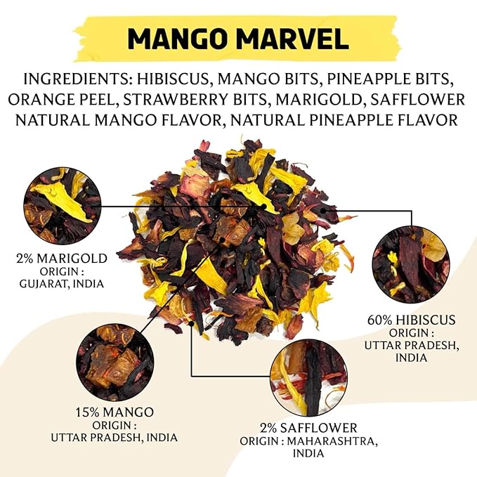 BREWIX, Mango Marvel Herbal Loose Tea (50+ Cups) | Made with Hibiscus, Mango, Pineapple, Orange Peel, Strawberry | Non-Caffeinated | Make Hot or Iced | Resealable Pouch