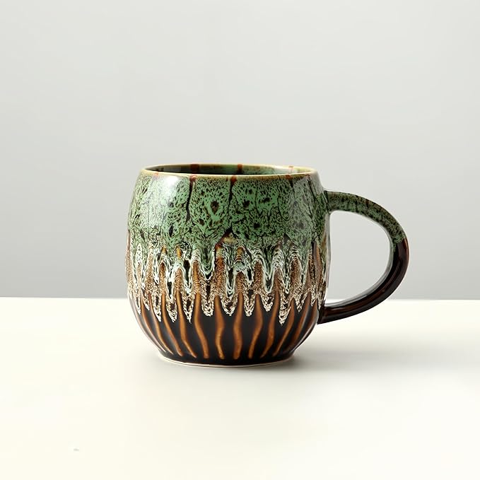 20oz Raku Glaze Coffee Mug - Unique Handcrafted Look Ceramic Cup, Large Tea Mug, Microwave & Dishwasher Safe (green)