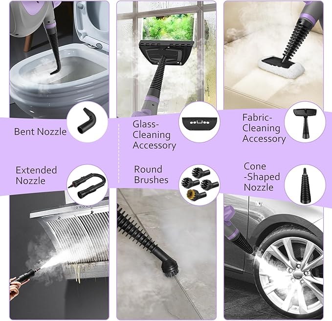 Pressurized Handheld Multi-Surface Natural Steam Cleaner with 12 pcs Accessories, Multi-Purpose Steamer for Home Use, Steamer for Cleaning Floor, Upholstery, Grout and Car (Purple)
