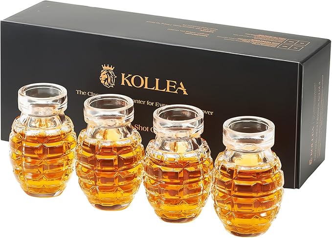 Kollea Grenade Shaped Shot Glass Set, Funny Shot Cups with Heavy Base for Whiskey, Tequila, Vodka, Liquor, 21st Birthday Gifts for Men Dad, Military Men Cave Decor, 3.7 Oz Bartender Accessories, 4 Pcs