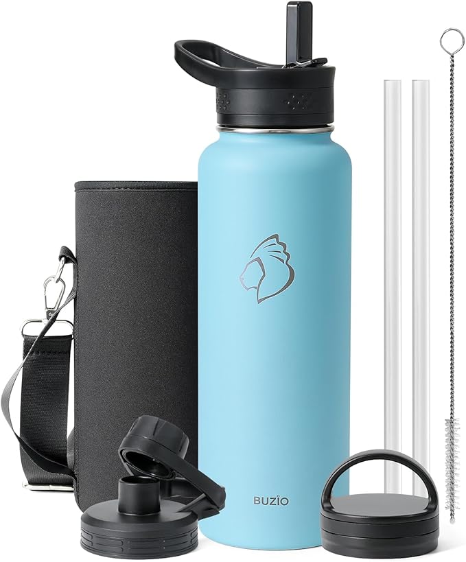 BUZIO 40 oz Water Bottle Insulated with Straw & 3 lid and Carrying Pouch, Leak Proof Anti-Slip Stainless Steel Water Flask Jug, Cold for 48 Hrs Double Vacuum Thermo Canteen, BPA-Free, Light Blue
